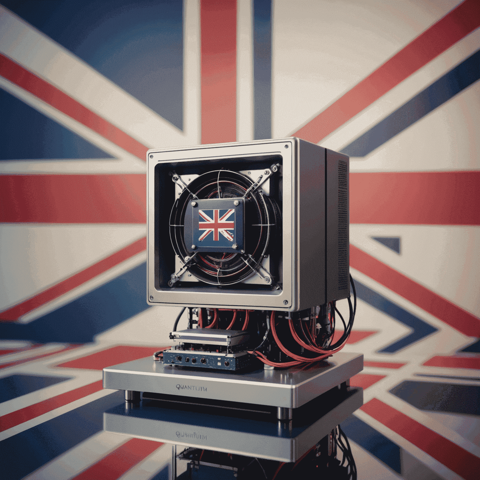 Illustration of a quantum computer with the UK flag in the background, representing the country's leadership in quantum computing technology