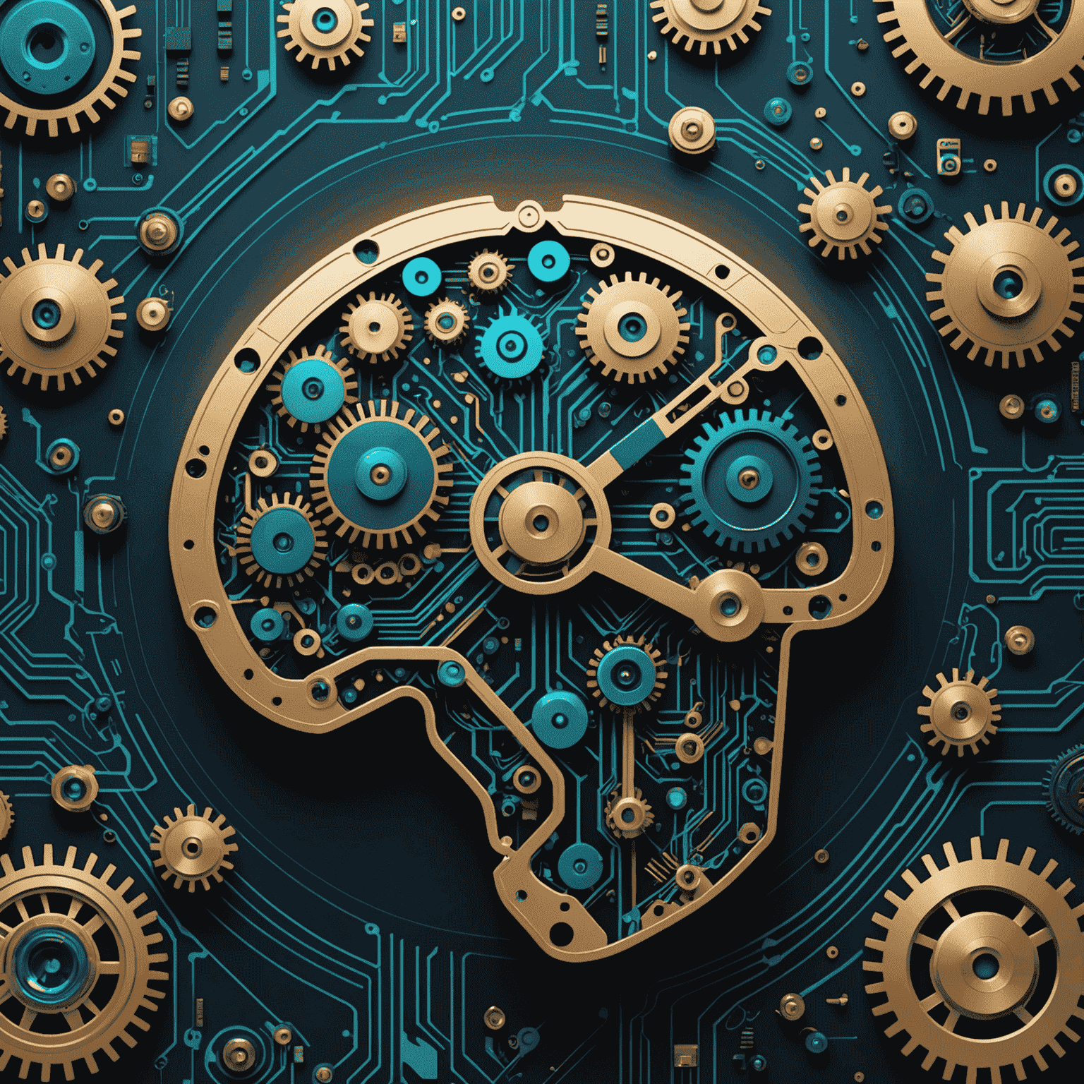 Artificial intelligence and machine learning concept with digital brain, gears, and circuit board elements