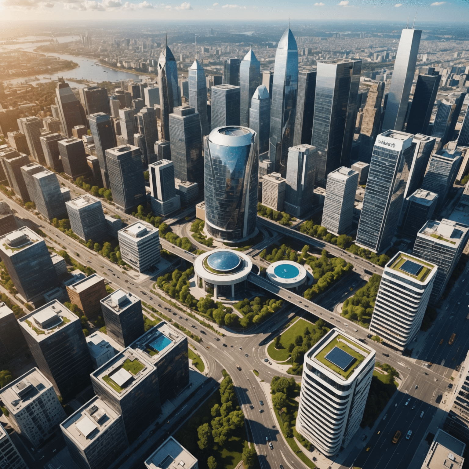 Aerial view of a modern city with IoT technology integrated into infrastructure