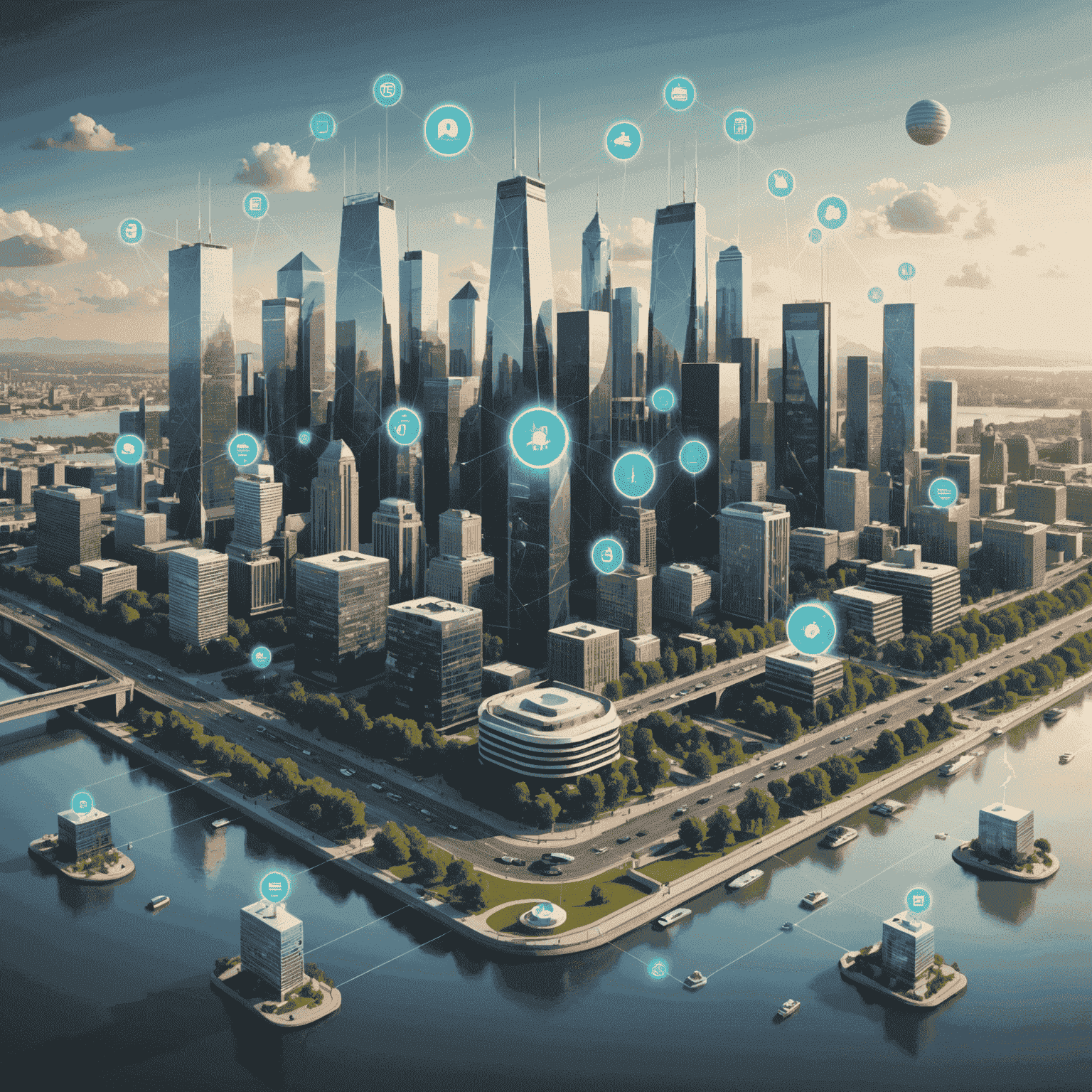 A depiction of a smart city powered by the Internet of Things (IoT), with connected devices, sensors, and infrastructure